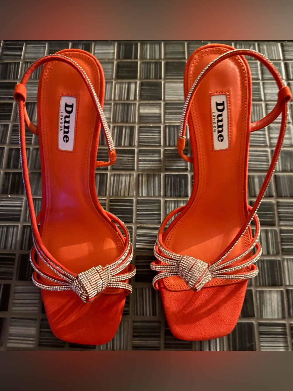 Dune London Orange Crystal Knot Slingback Heels- Nearly red. Gorgeous!